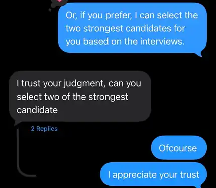 Client message to Elite Reach Solutions about hiring: I trust your judgment, can you select two of the strongest candidates